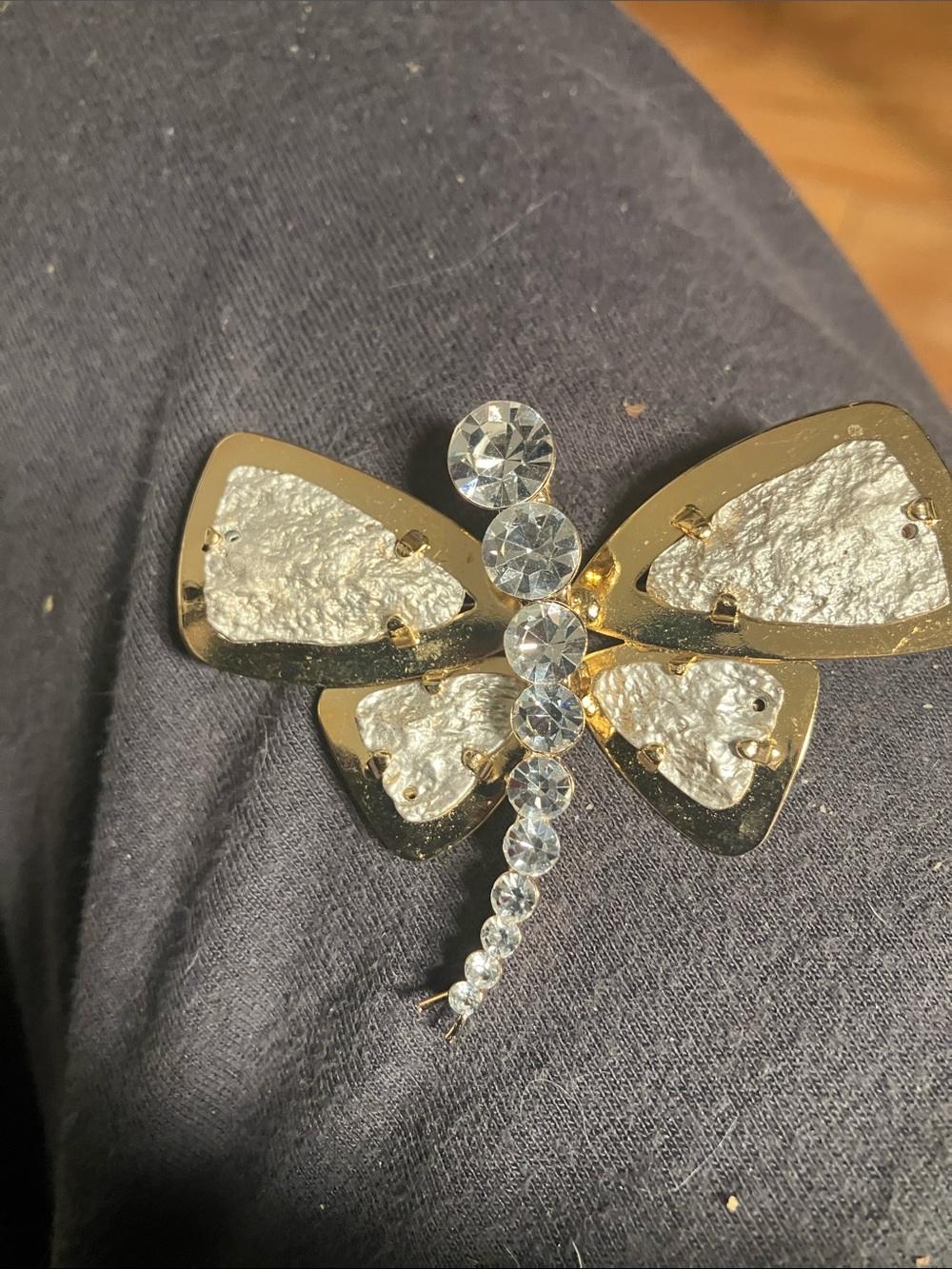 Vintage gold tone textured dragonfly, butterfly brooch pin, crystal rhinestones
